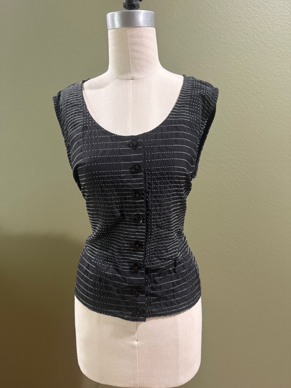 Black Sleeveless Button-Front Pinstripe Top